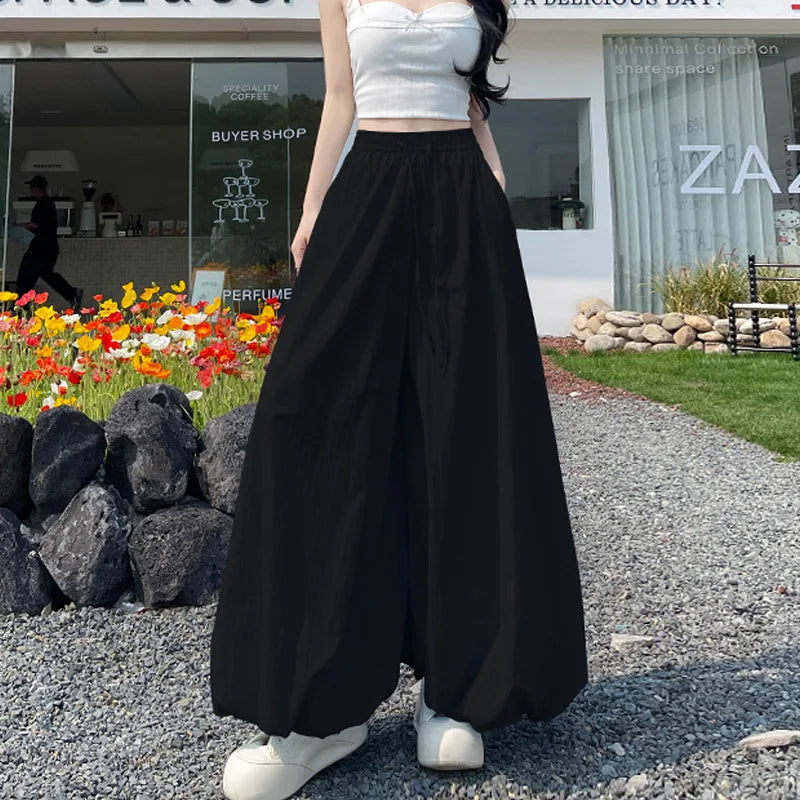 Women's Oversized High Waist Wide Leg Pants Spring Summer Solid Color Casual Cropped Pants Woman Loose Puffy Lantern Trousers