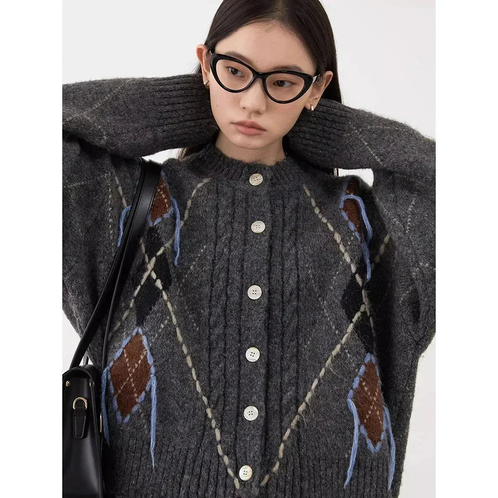 Vintage Diamond Knit Cardigan Warm Autumn Winter Sweater