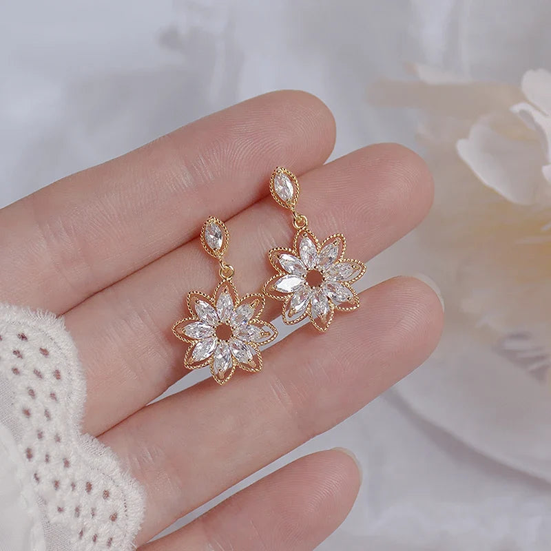 14K Real Gold Dainty Korean Flower Earrings for Women | Bling AAA Zirconia Stud Earrings