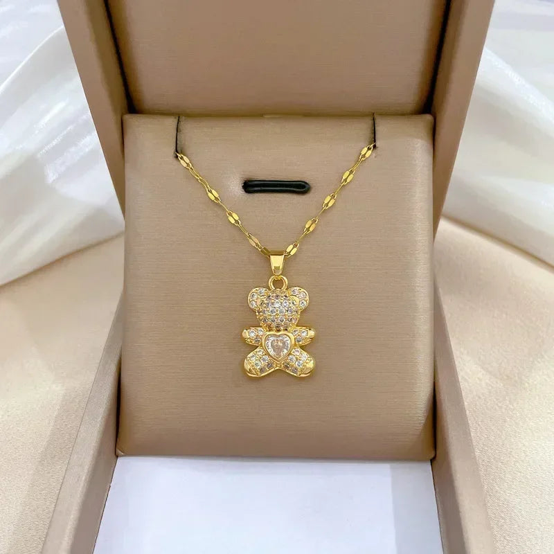 Gold Color Stainless Steel Chain Cute Shiny Zircon Bear Pendant Necklaces for Women Girls Lovely Luxury Jewelry Accessories Gift