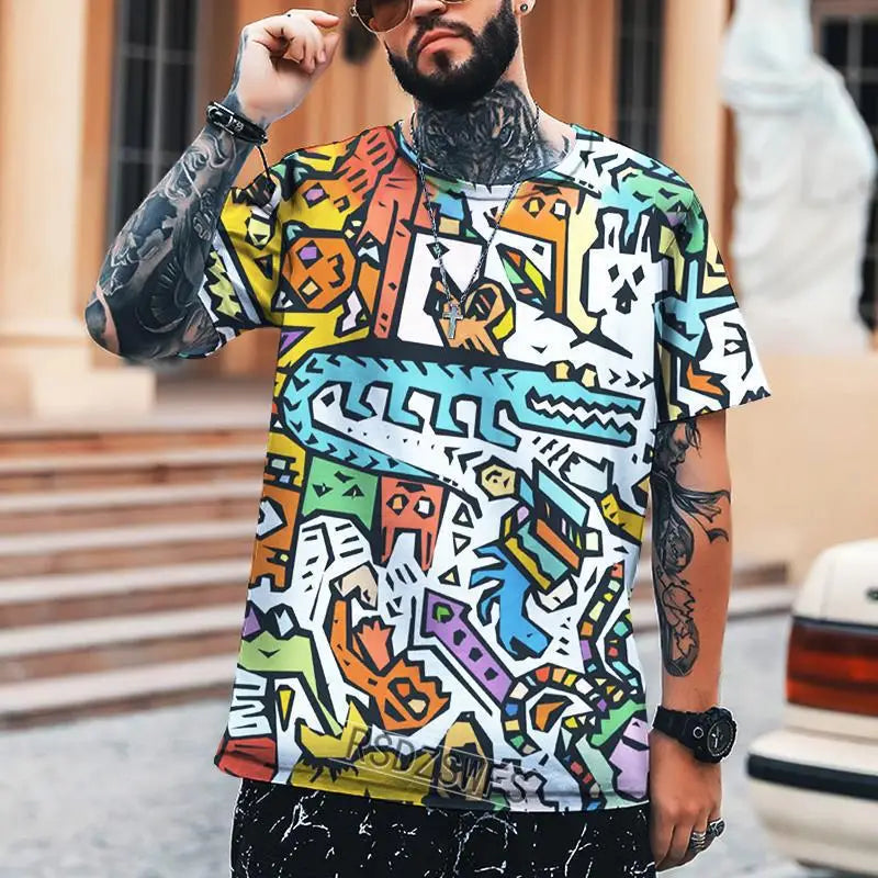 New Fun Graffiti Street T-shirt 3D Printed Men's Hip Hop Summer Cool Tee shirt Casual Youth Popular Personality Short Sleeve Top