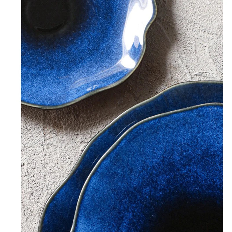 1PCS Cat Eye Blue Color NEW Japanese Ceramic Food Dish Flat Plate Pottery Irregular Dish Dinnerware Steak Display Dish