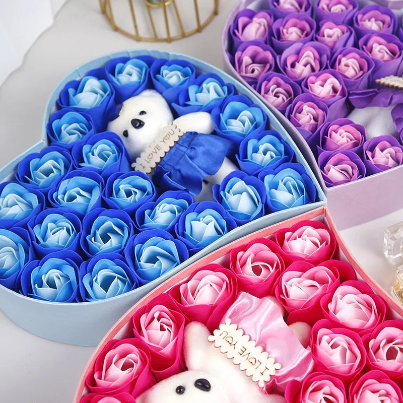 22 Flowers Soap Flower Gift Rose Box Valentines Day Gift Bears Bouquet Wedding Decoration Gift Festival Heart-shaped Box