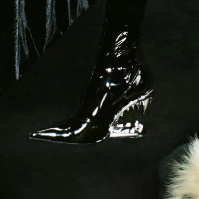 Women's New Pointed Patent Leather Tiger Teeth Slope Heel Fashion Elastic and Calf Short Boots