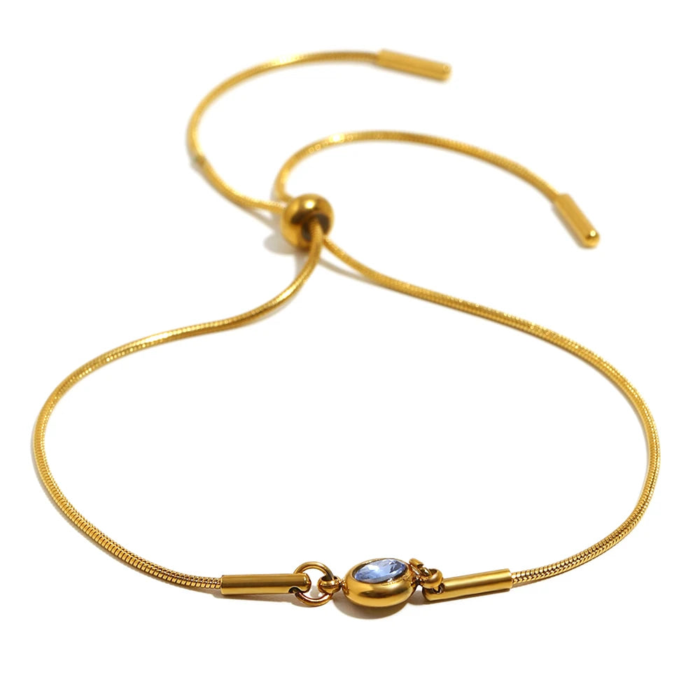 E.B.belle Colorful Round Zircon Birthstone Snake Chain Adjustable Bracelet Chain Gold Plated Stainless Steel Women Chic Jewelry
