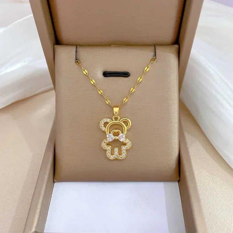 Gold Color Stainless Steel Chain Cute Shiny Zircon Bear Pendant Necklaces for Women Girls Lovely Luxury Jewelry Accessories Gift