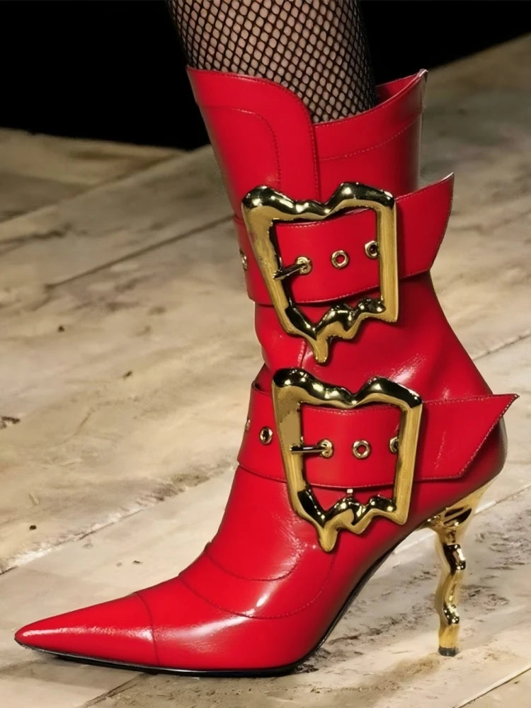 Gold Beltbuckle Decorative Sidezipper Kneehigh Boots Women's Metal High-heeled Versatile Banquet Boots
