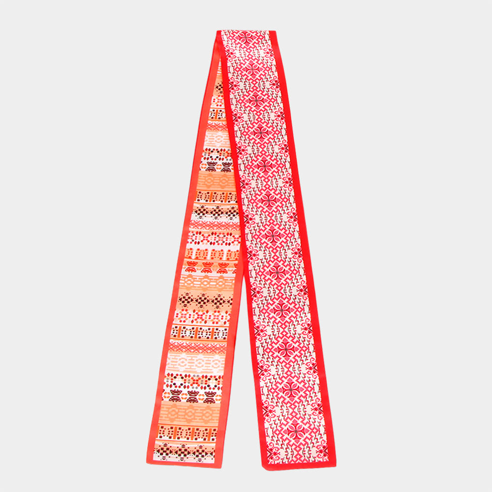 Geometric Jacquard Pattern Print Silk Feel Twilly Skinny Scarf