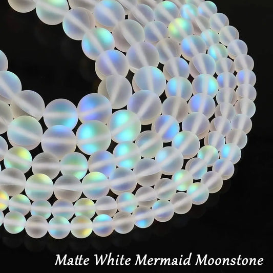 Matte White Aurora Crystal Glass Beads, 6/8/10MM Frosted Glitter Shining Mermaid Round Loose Beads, Rainbow Holographic