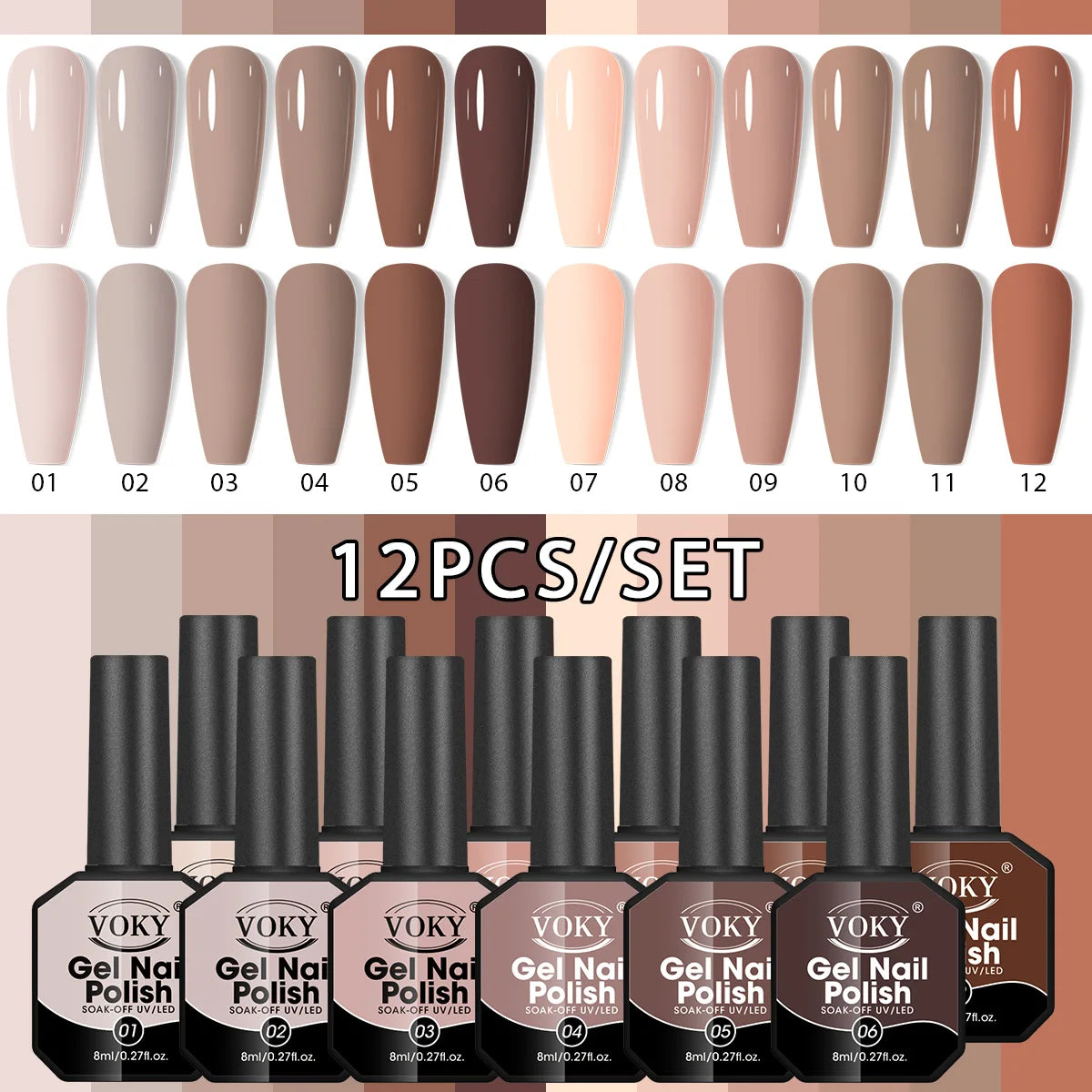 VOKY 8ML 12-piece gel nail polish set, high saturation, UV LED soaking gel, salon-level manicure at home