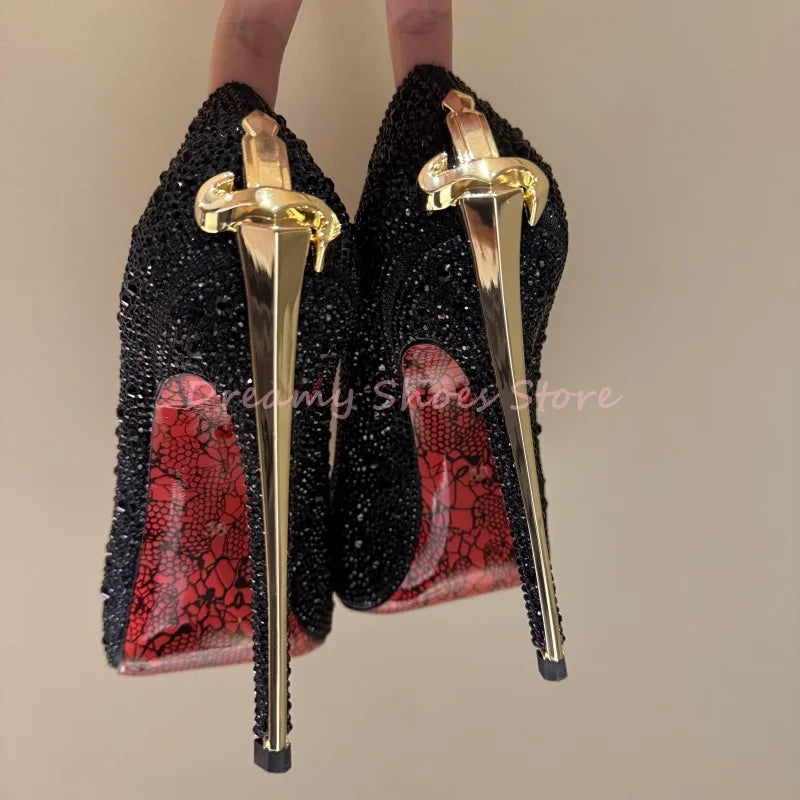 Red Shiny Rhinestone Sword Shaped Stiletto Pumps
