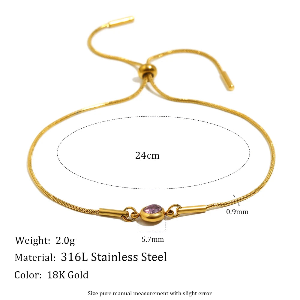 E.B.belle Colorful Round Zircon Birthstone Snake Chain Adjustable Bracelet Chain Gold Plated Stainless Steel Women Chic Jewelry