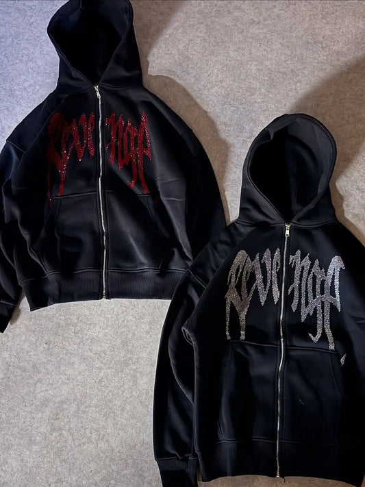 Rhinestone Gothic Hoodie Unisex Black Zip Up Sweatshirt Crystal Filled Letter Print Red White Color Men Streetwear Hip Hop Top
