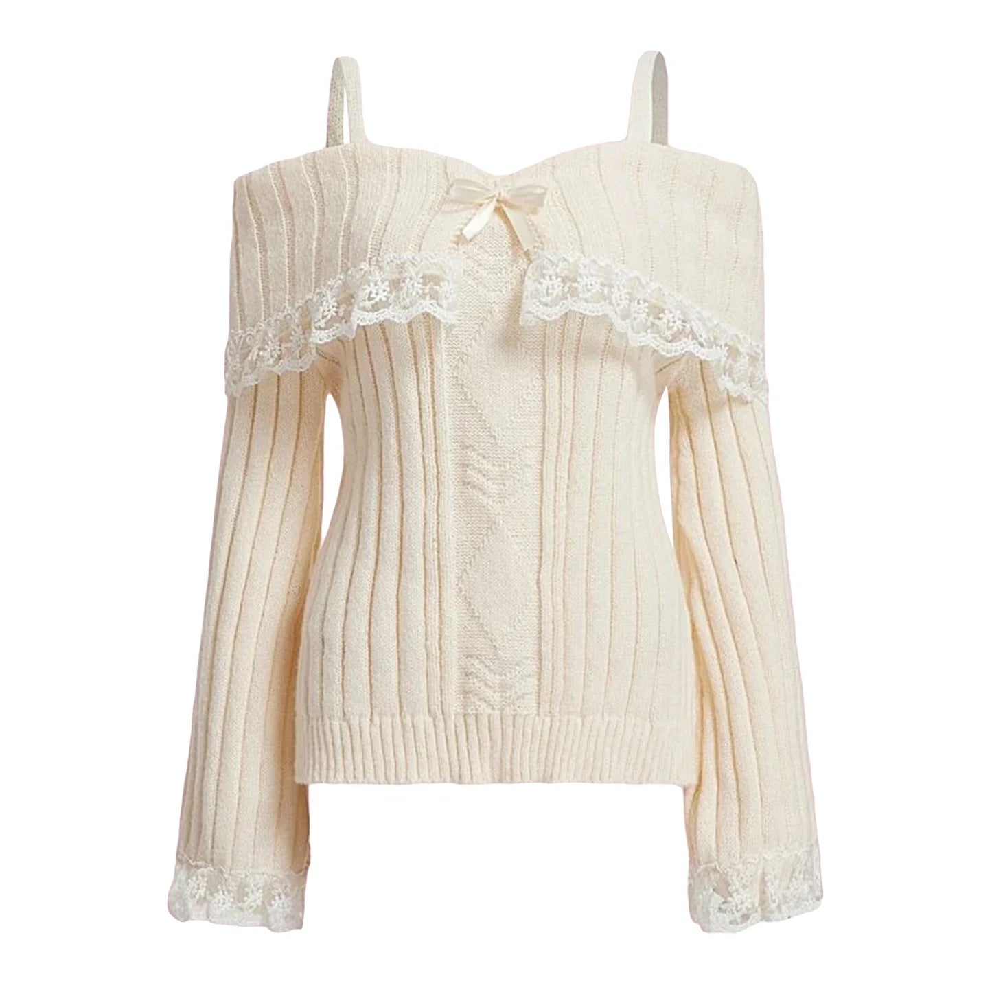 Women Long Sleeve Contrast Lace Knit Pullovers Autumn Winter Cold Shoulder Sweaters Bow Front Jumper Tops Beige/Pink