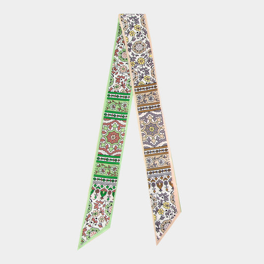 Vintage Floral Medallion Allover Print Silk Feel Twilly Skinny Scarf