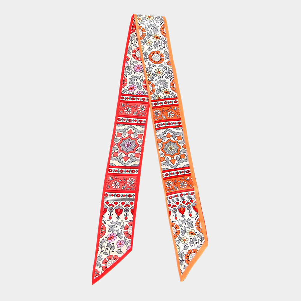 Vintage Floral Medallion Allover Print Silk Feel Twilly Skinny Scarf