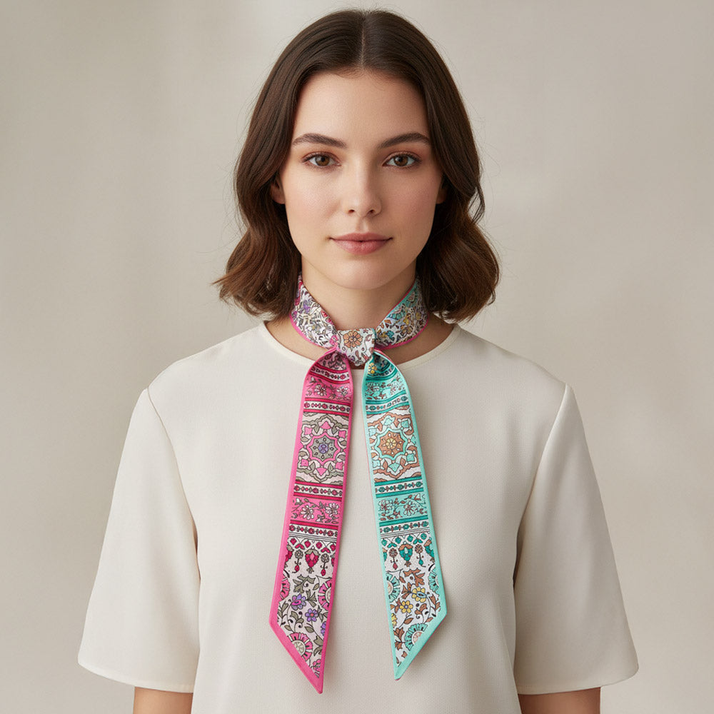 Vintage Floral Medallion Allover Print Silk Feel Twilly Skinny Scarf