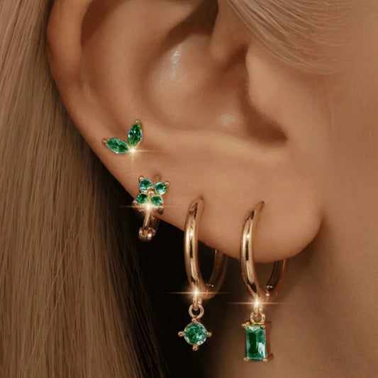 4Pcs Green Huggie Hoop Earring Set