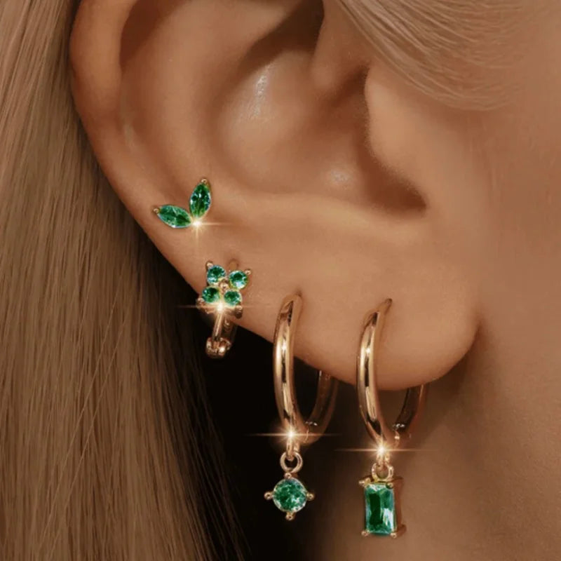 4Pcs Green Huggie Hoop Earring Set