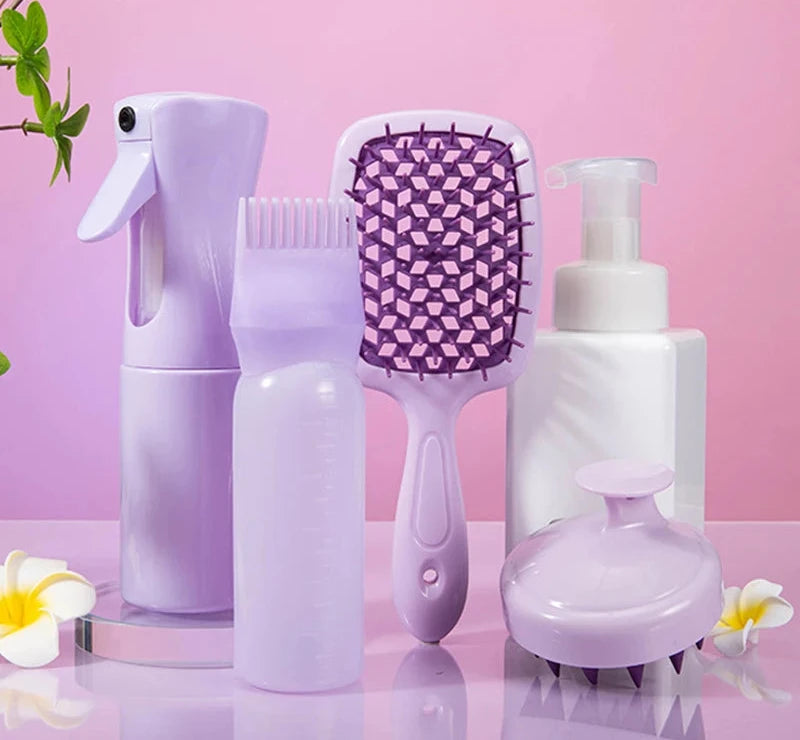 4pcs set Scalp Massage Comb Purple Hollow Out Comb Shampoo Massage Brush Bath Hair Washing Spray Bottle Salon Hairdressing Tools