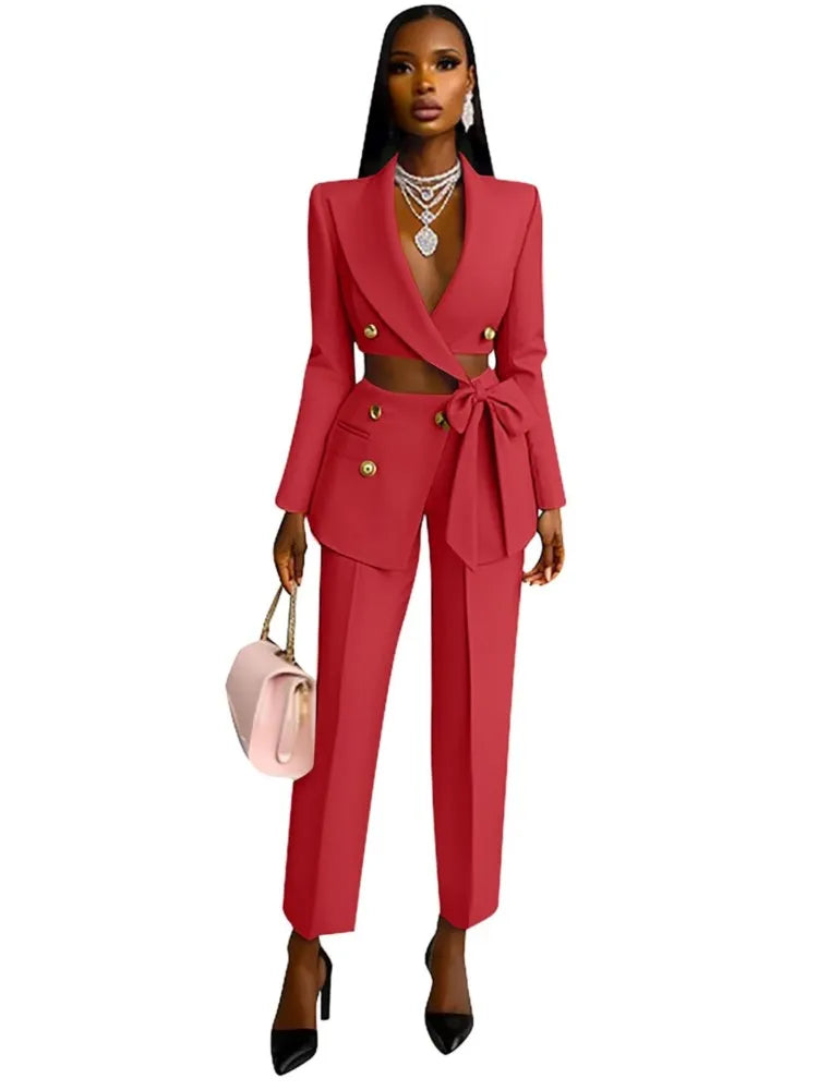 Sexy Waist Exposed Ultra Short Blazer Top Women's Pants 2 Piece Set Spring Fashion Cross Strap Tops Slim Suit Office Pants Suit