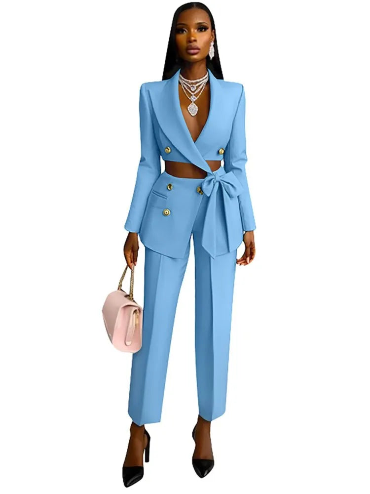 Sexy Waist Exposed Ultra Short Blazer Top Women's Pants 2 Piece Set Spring Fashion Cross Strap Tops Slim Suit Office Pants Suit