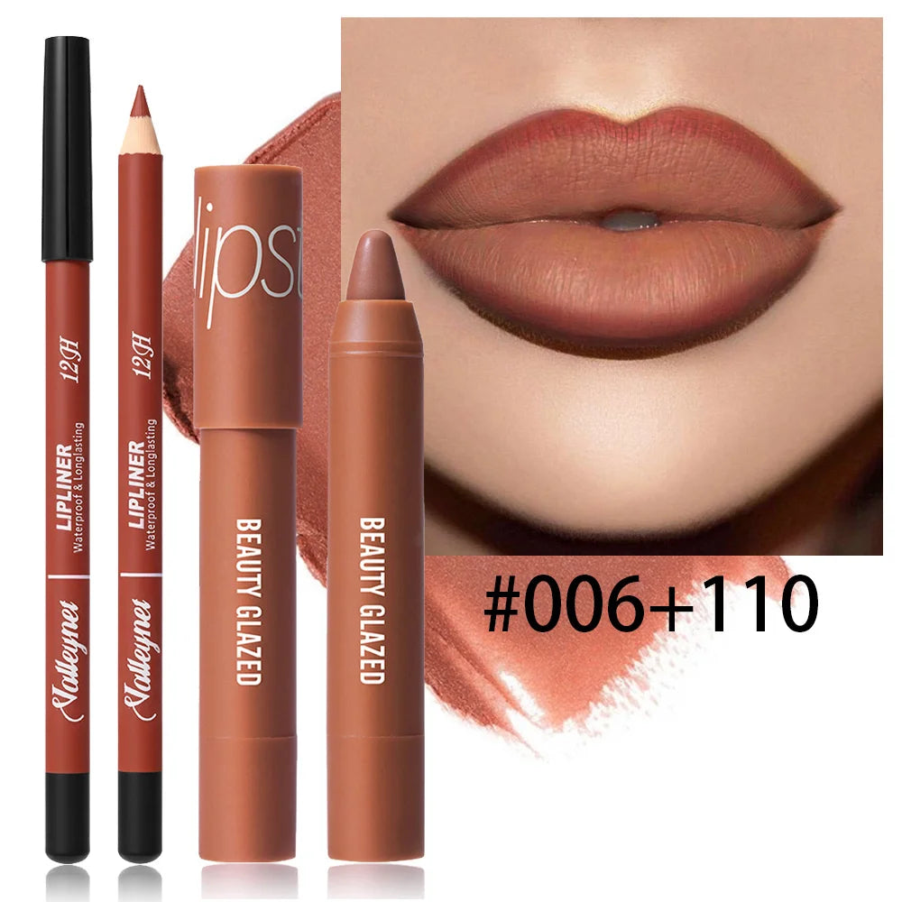 2Pcs/Set Lipliner + Lipstick Matte Waterproof Long-Lasting Lip Color Set - Lip Liner + Moisturizing Lipstick Cosmetics