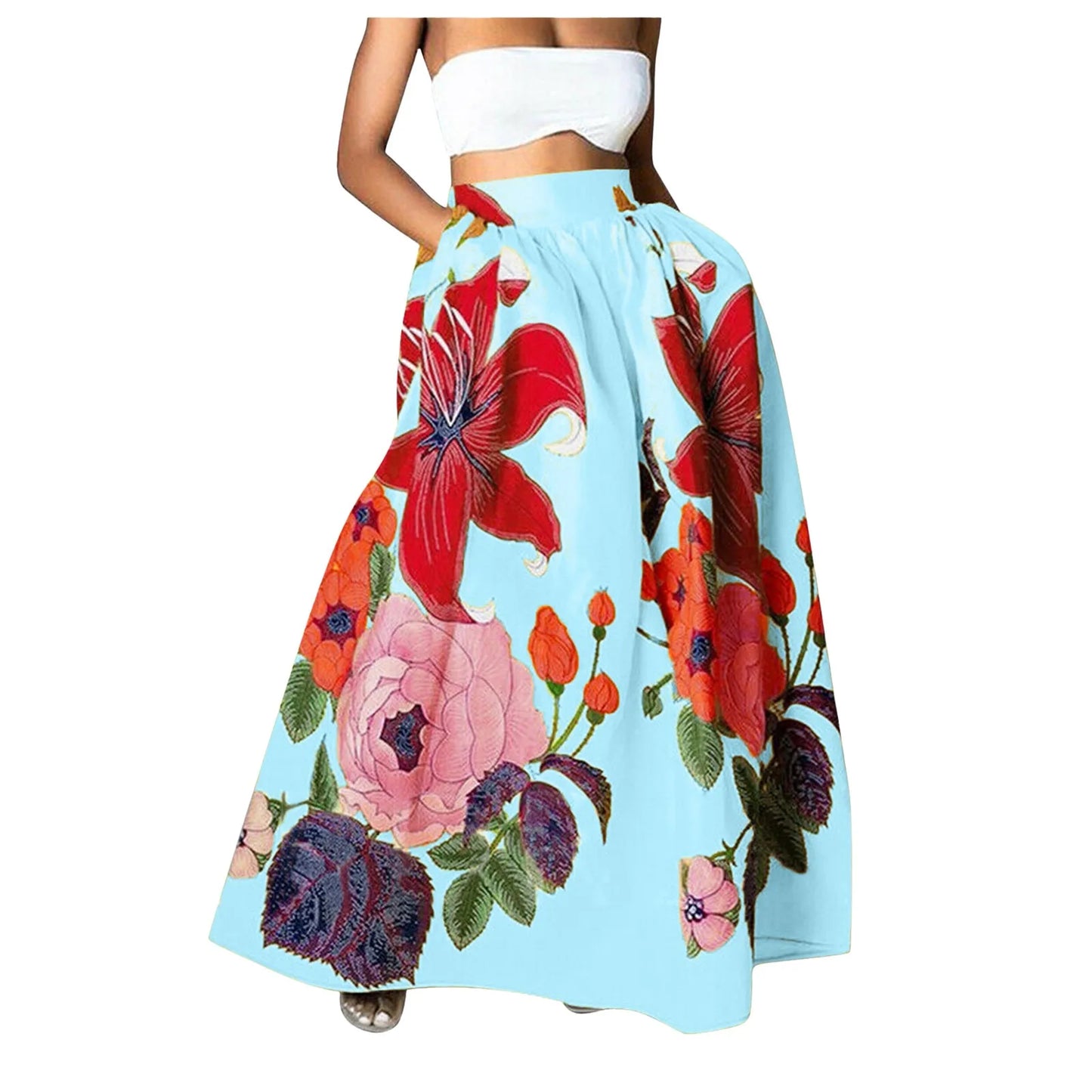 Bohemian Women Long Skirt Large Swing High Waist Floral Printing A-Line Skirt Women Faldas Fashion Casual Party Skirt Pockets