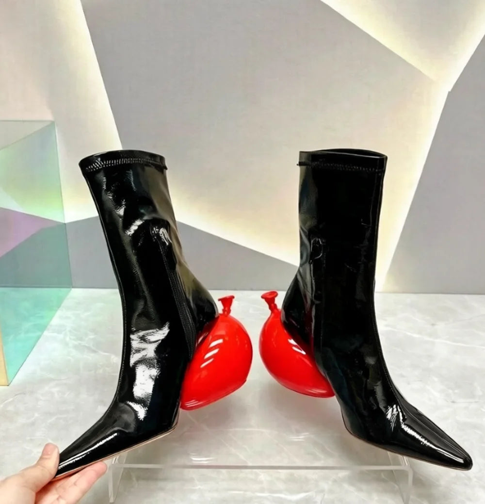 Glossy Red Patent Leather Pointed-Toe Ankle Boots Unique Balloon Heels Design High-Fashion Style for Runway & Artistic Ensembles