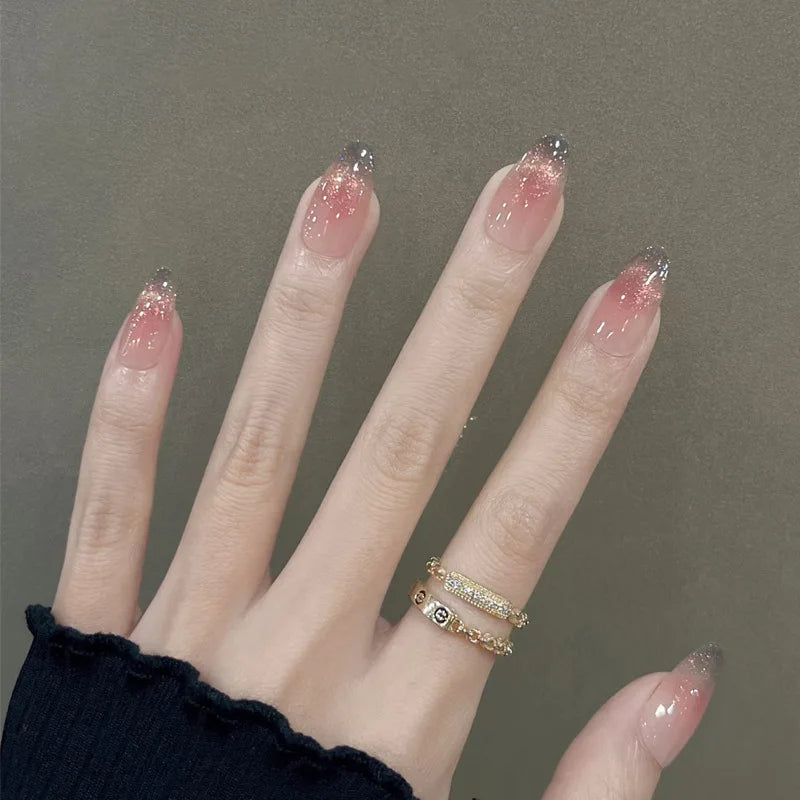 24pcs Purple French Almond Press on Nails Star Pattern False Nails Wearable Stick-on Nail Fake Nails Uñas Накладные Ногти 네일팁