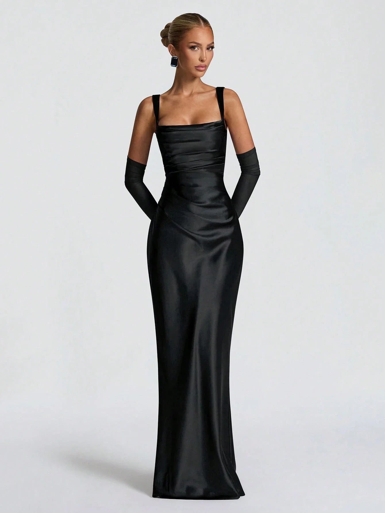 Black Satin Floor-Length Slip Dress With Ruched Waist And Sheer Gloves For Evening Gala Or Wedding Event