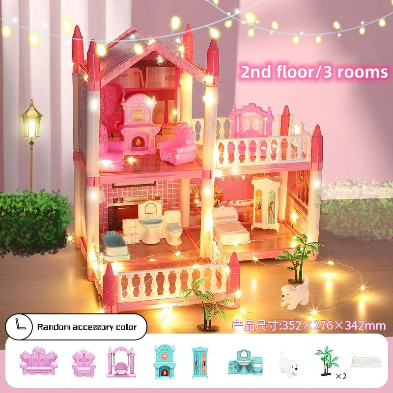 Dream Princess Castle Villa DIY 3D Assembled Doll House Set Toys With LED Ligh Furniture Puzzle Toys for Girls Birthday Gifts