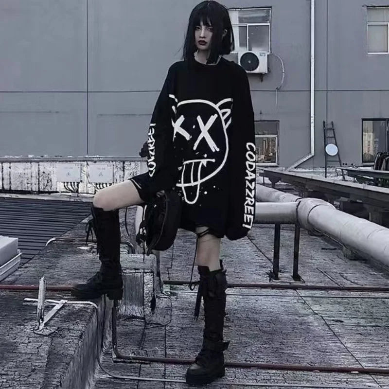 Graffiti Grimace Print Long Sleeve Loose Hoodie
