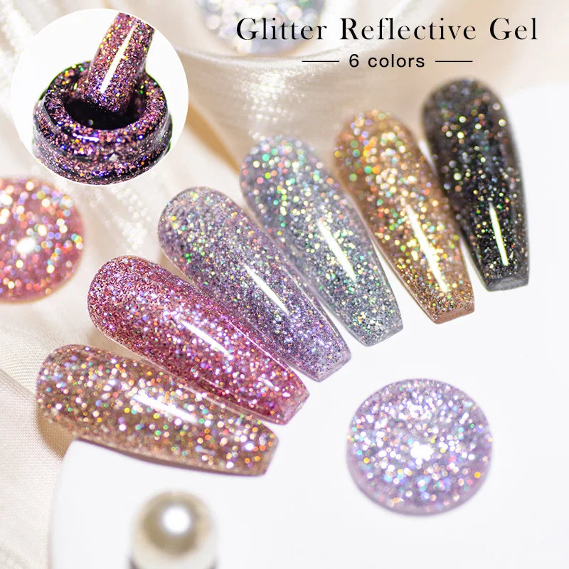 7ml Glitter Reflective Gel Nail Polish Sparkling Soak Off UV LED Gold Silver Black Pink Gel Polish Starter Kit For Home Salon
