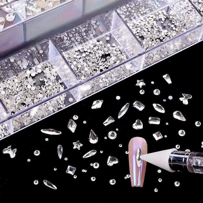 2500pcs Glass Crystal Diamond Flat Bottom Rhinestones Nail Art Decorations 21 Grid Box Nails Accessories Set With 1 Pick Up Pen