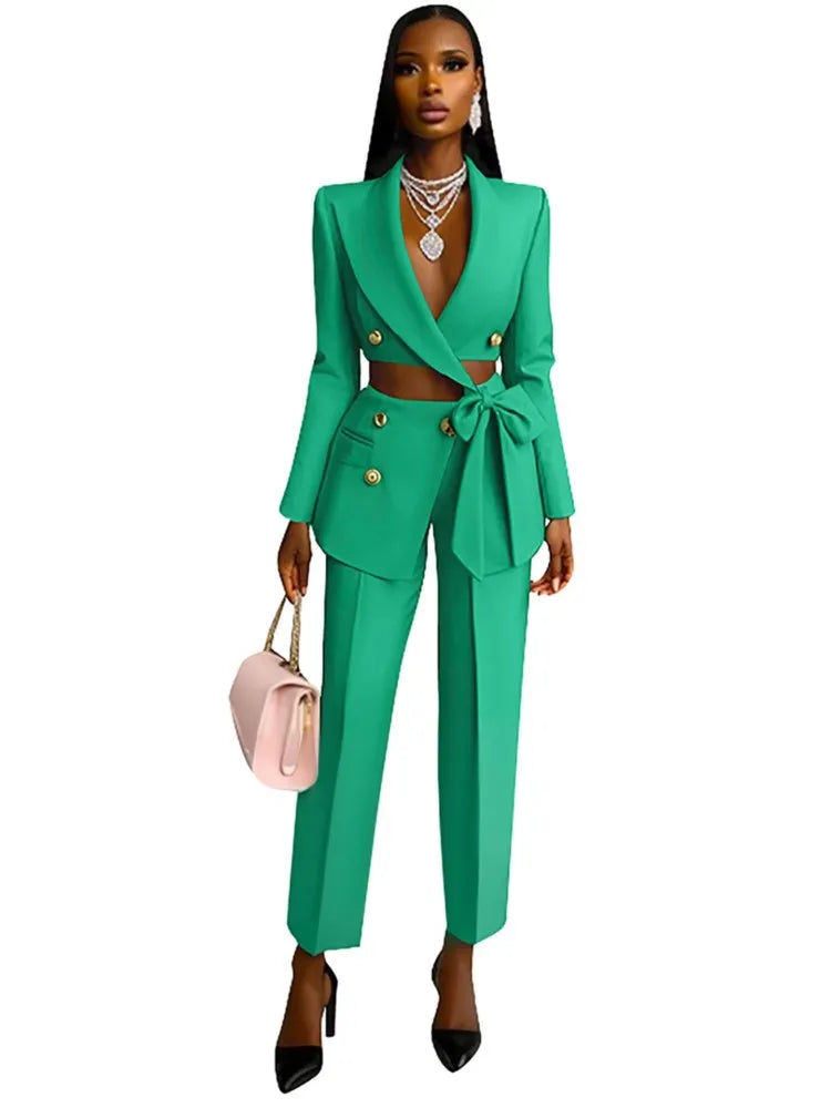 Sexy Waist Exposed Ultra Short Blazer Top Women's Pants 2 Piece Set Spring Fashion Cross Strap Tops Slim Suit Office Pants Suit