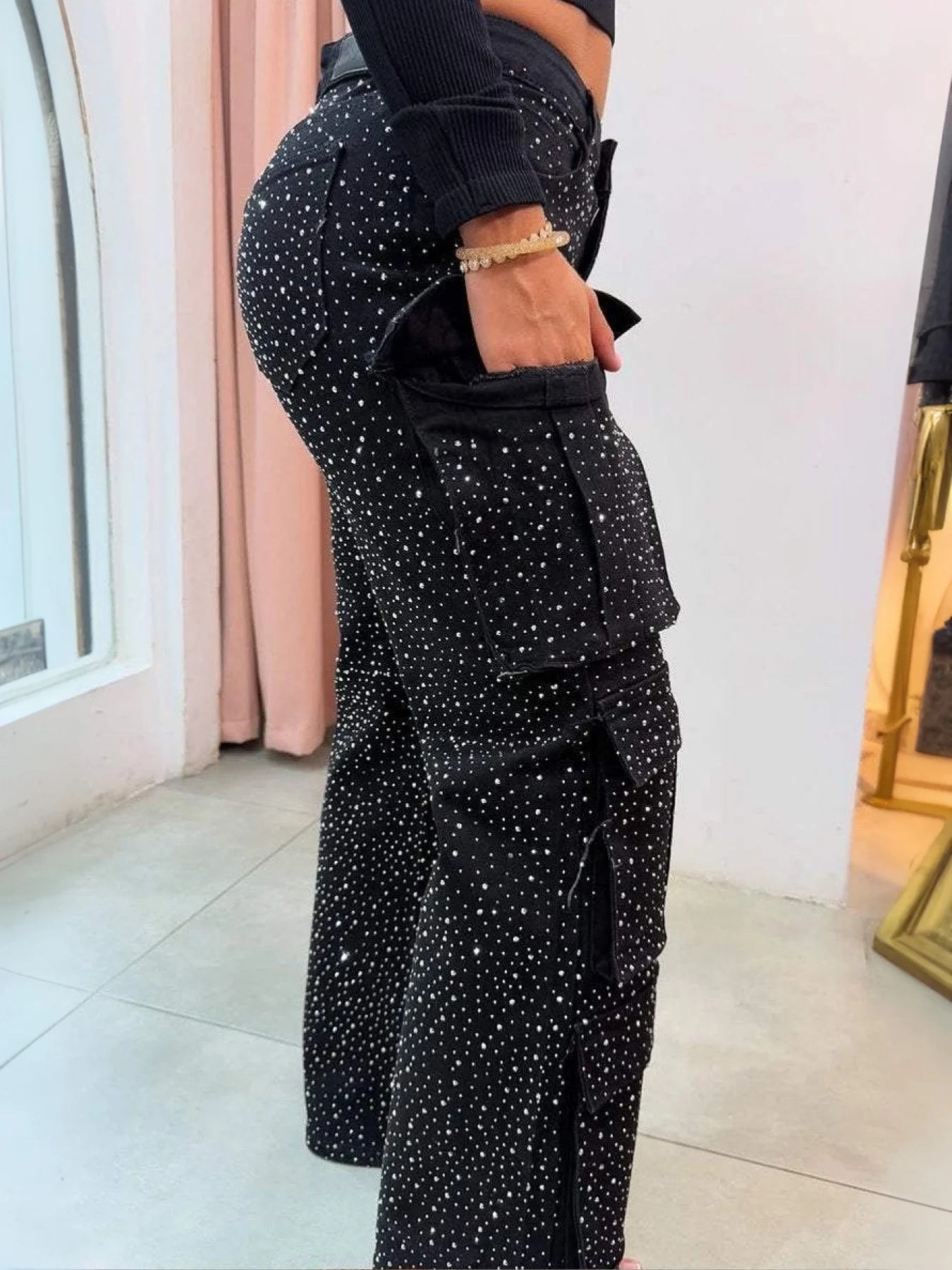 High Waist Black Rhinestone Multi-Pocket Work Jeans, Street Style, High Quality Fashionable Straight Jeans, a Must-Have.