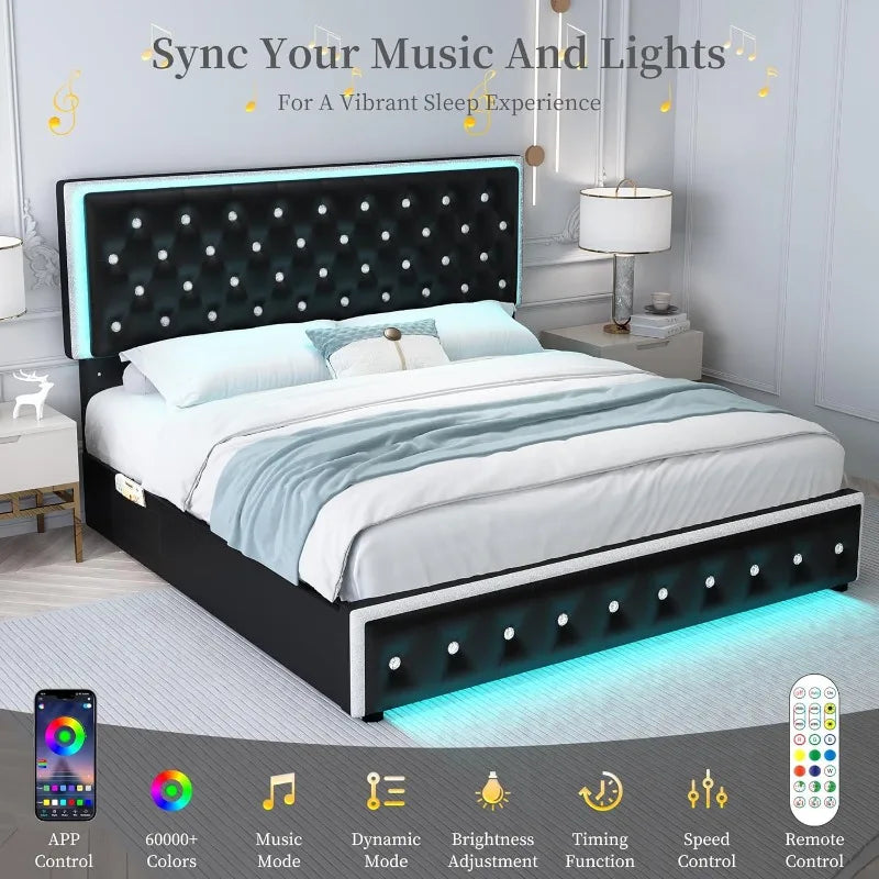 LED Bed Frame with 2 Drawers, Storage Platform Beds with Upholstered Crystal Button Tufted Headboard Footboard, 2 Side