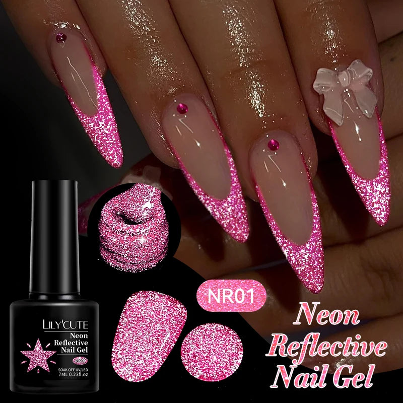 LILYCUTE 7ml Neon Reflective Nail Gel Polish Dark Flash Glitter Effect Fluorescent Gel Soak Off UV Gel Summer Nail Art Varnish