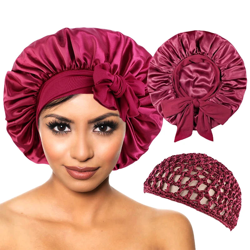 Satin Bonnet Silky Night Sleeping Cap with Stretchy Tie Band - 2pcs