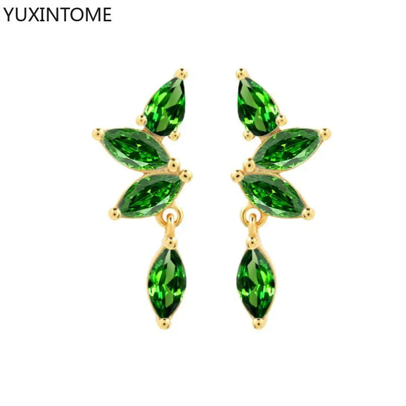 925 Sterling Silver Ear Needle Green Zircon Stud Earrings for Women Luxury Long Chain Geometric Gold Earrings Fashion Jewelry