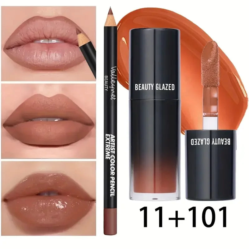 2pcs/Set Velvet Texture Lip Makeup,Matte Effect, Red, Brown Colors, Create a Moisturizing and Natural Lip Makeup