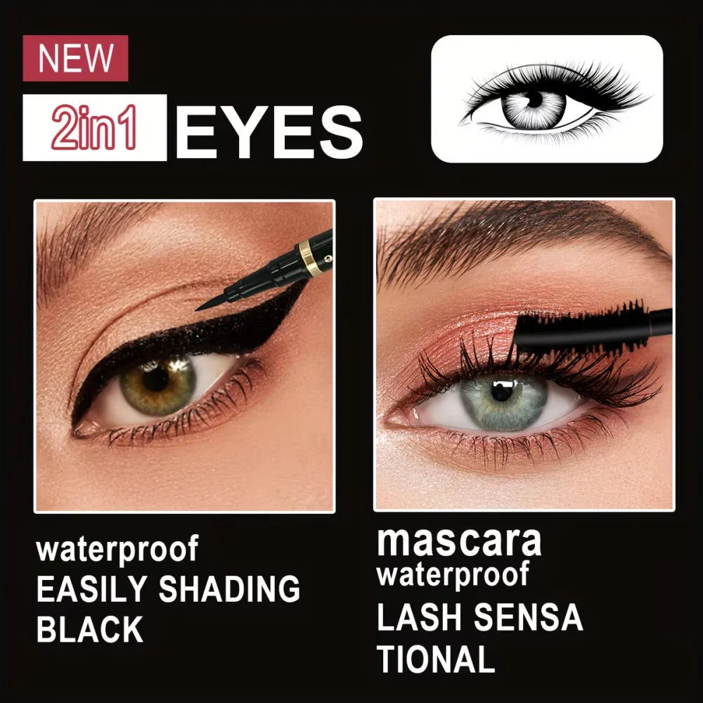 Mascara with Eyeliner Combo Black Slim Drawing Line Smooth Definition Long Lasting Waterproof Eye Makeup 2 Pcs Set