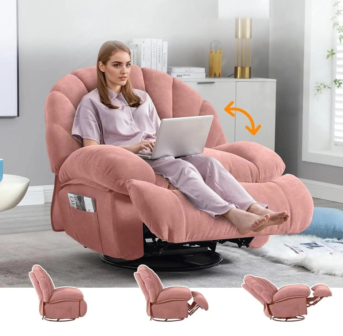 Shell Swivel Rocker Recliner Chair 360 Manual Big Tall Sofa Storage Pocket Living Bedroom Small Pink, Customized