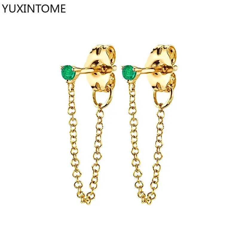 925 Sterling Silver Ear Needle Green Zircon Stud Earrings for Women Luxury Long Chain Geometric Gold Earrings Fashion Jewelry