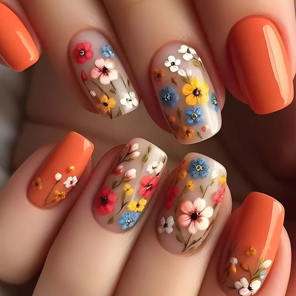 24pcs/set short medium long fake nails Spring flowers flora for St. Patrick's Day faux ongles press on acrylic false nail art