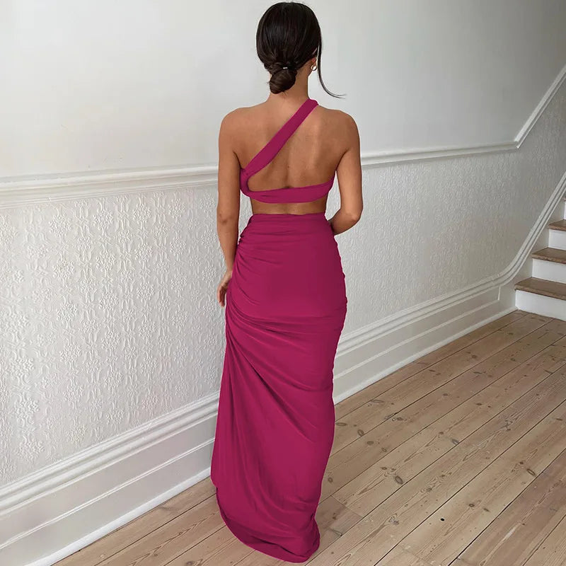 Women Summer 2 Pieces Outfits Solid Color Oblique Shoulder Sleeveless Sexy Tops Wrapped Hip High Waist Slit Long Skirts Sets