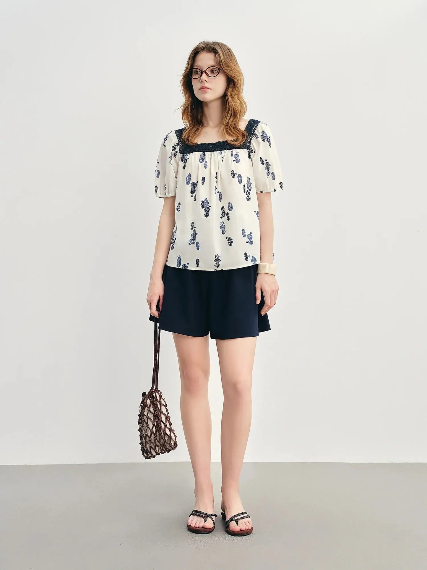 Plus Size Square Neck French Lace Short Sleeve Blouse