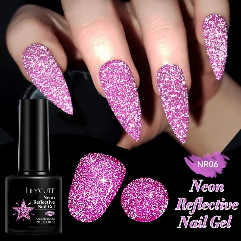 LILYCUTE 7ml Neon Reflective Nail Gel Polish Dark Flash Glitter Effect Fluorescent Gel Soak Off UV Gel Summer Nail Art Varnish
