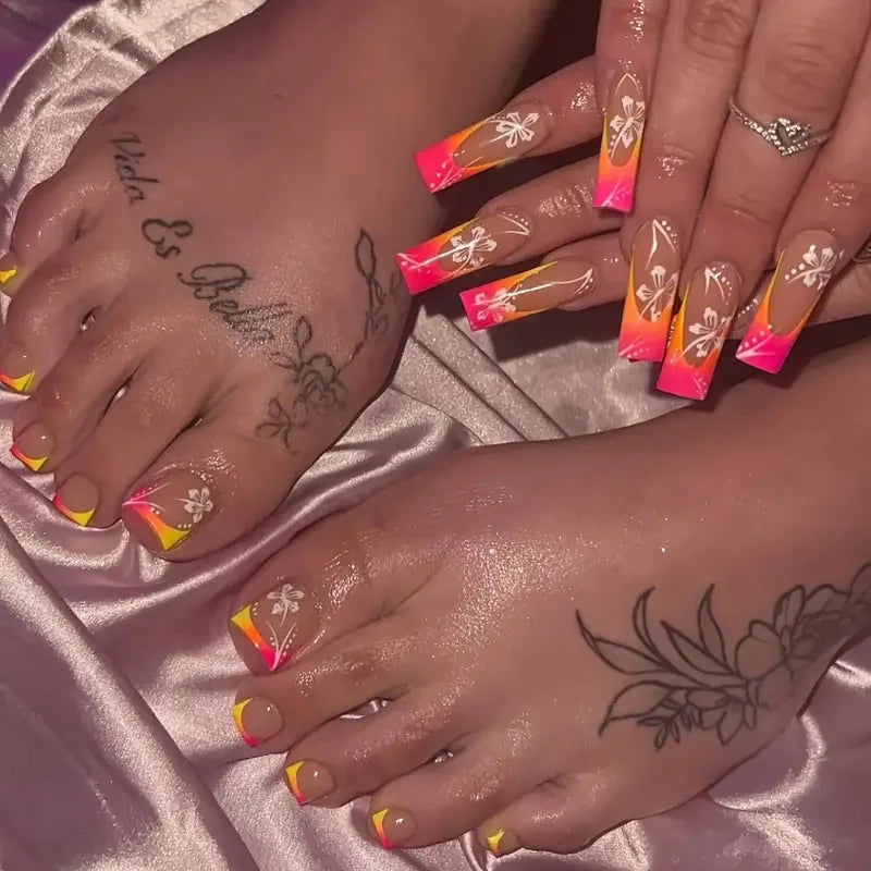 48pcs Sweet Summer Press on Nails Set Ins Beach Wearable French False Toenails Reusable Sweet Korean Flower Print Fake Nail Tips